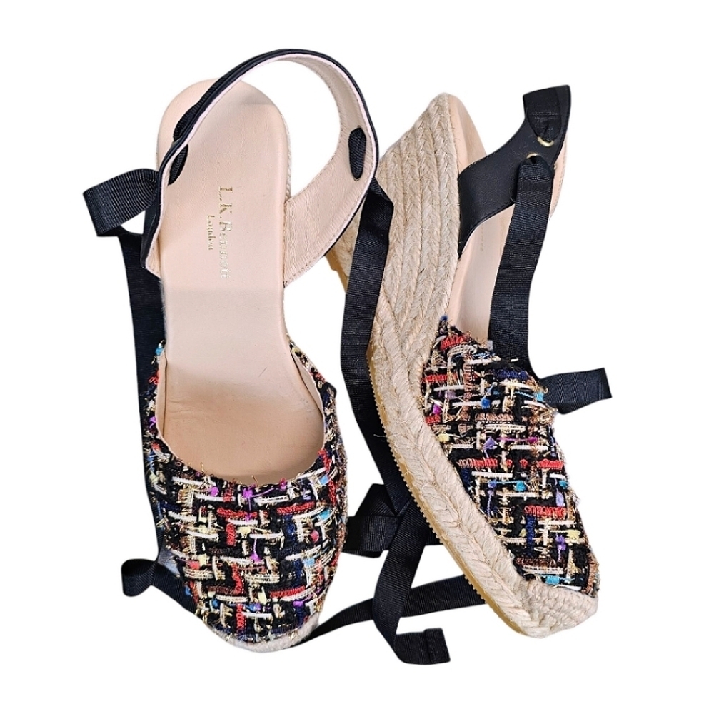 NEW! L.K. Bennett Tianna Black Tweed Espadrille Wedges Sz 37 7 Ankle Tie Preppy